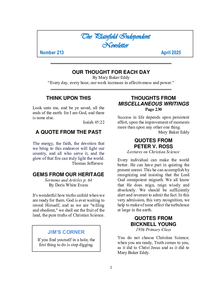The Plainfield Independent Newsletter for April 2025