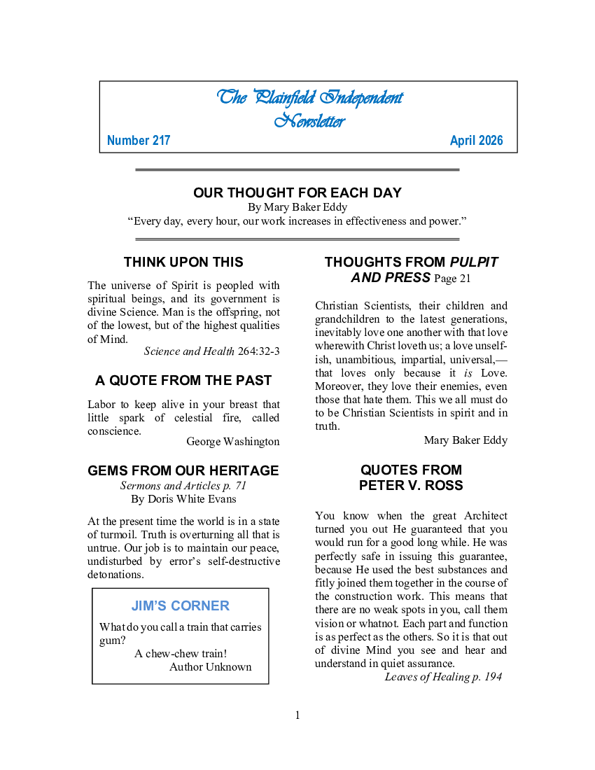 The Plainfield Independent Newsletter for April 2026