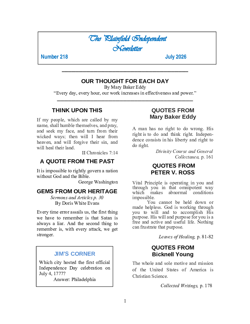 The Plainfield Independent Newsletter for July 2026